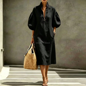 Robe en lin jaune sur mesure OEM, col montant, manches bouffantes, demi-fermeture éclair, kaftan ample, élégante, pour femme, été, décontractée, longueur midi - Product Image 5