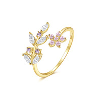 Bague ajustable empilable en argent sterling S925 non ternissant avec zircon, motif feuilles et fleurs, idéale pour la Saint-Valentin pour les couples