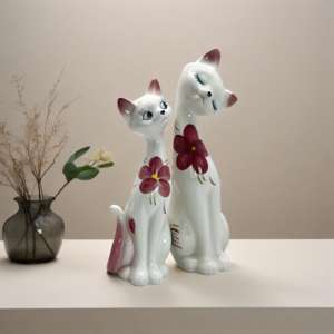 تمثال سيارة أبيض سيراميك مع ديكورات زهور منحوتات قطط زينات حيوانات لديكور المنزل - Product Image 1