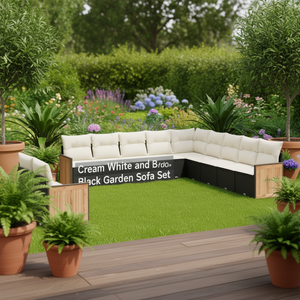Conjunto de Sofás de Jardín de Ratán Blanco Crema y Negro con Estructura de Madera de Teca, Muebles de Exterior para 10 Personas, Diseño Contemporáneo, Resistente a la Intemperie - Product Image 2