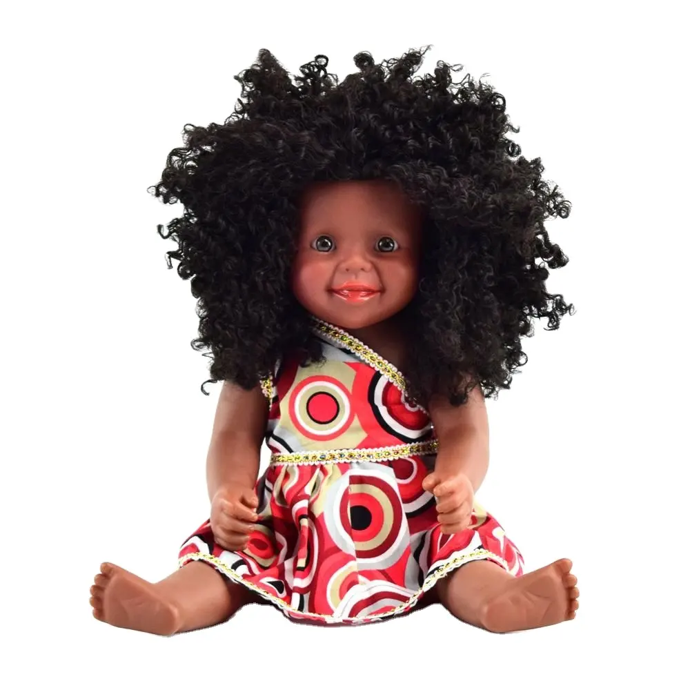 China Fabrieksvervaardiging Nieuwe Stijl 16 Inch Afrikaanse Zwarte Pop Met Mooie Kleding Goedkope Krullend Haar