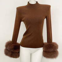 Pull en cachemire tricoté pour femme, coupe ajustée, col roulé, avec deux rangées de poignets en vraie fourrure de renard, mode automne-hiver