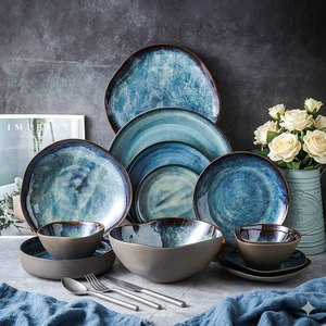 Juego de Platos y Tazones de Cerámica con Esmalte Reactivo Azul Nórdico, Formas Orgánicas Únicas, <span class=keywords><strong>Vajilla</strong></span> para Servir en la Cocina - Product Image 1