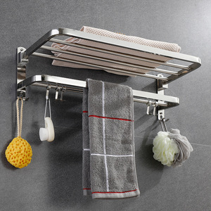 304 Stainless Steel Towel Rack 2 Layer Foldable Wall Mounted Bathroom Storage <b>Shelf</b> With <b>Hooks</b> For Towels And Accessories - Product Image 1