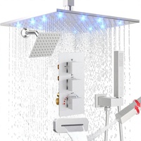 Système de douche thermostatique à 3 poignées et double tête 12" 6" LED, finition brossée moderne, avec jet corporel complet et bec de baignoire, en laiton et acier inoxydable