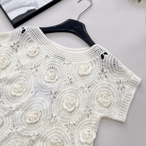 Blusa de Verano Casual para Mujer, Blanca, de Crochet, con Flores, Manga Corta, Diseño Calado - Product Image 5