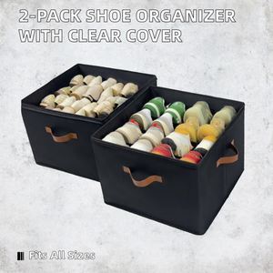 Boîte de rangement pliable pour chaussures en tissu, empilable, noire, avec poignées en cuir PU, organiseur de chaussures pour placard, armoire à chaussures, lot de 2 - Product Image 5