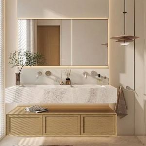 Meuble-lavabo de salle de bain simple de style japonais en bois, haute valeur esthétique et tons de couleur chauds, avec miroir intelligent - Product Image 1