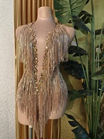 Justaucorps de scène à pompons sexy dos nu à paillettes strass une pièce combinaison courte pour femmes body de danseuse de club