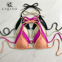 Ensemble de bikini triangle deux pièces avec logo personnalisé, couleur unie, décoré de perles, fabricant de maillots de bain pour femmes
