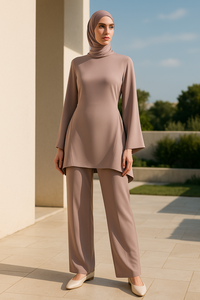 Conjunto de Dos Piezas de Rayón con Tie-Dye Modesto para Mujeres Musulmanas YXO022 EVE, Mangas Largas Acampanadas hasta el Suelo, Pantalones Tipo Túnica de Manga Larga, Antiestático, ODM - Product Image 2