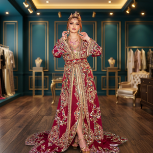 Beautiful Burgundy caftan Embroidered Floor-Length Wedding Caftan <b>Dress</b> For Women with <b>Gold</b> Detailing work - Product Image 5