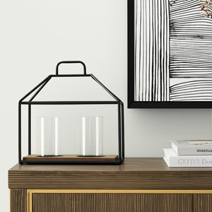 HMS 15 \ "metallo nero geometrico uragano portacandele in vetro e legno due luci altri portacandele lanterne e barattoli di candela - Product Image 2