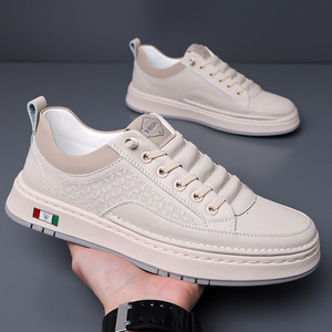 Chilowa Men's <b>White</b> Sneakers Low <b>Heel</b> Breathable Leather Casual Shoes For Leisure - Product Image 3