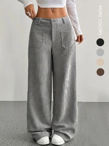 2025 Vintage pantaloni di velluto a coste kaki tinta unita traspirante Casual stile base per le donne pantaloni dritti davanti piatto per l'autunno - Product Image 3