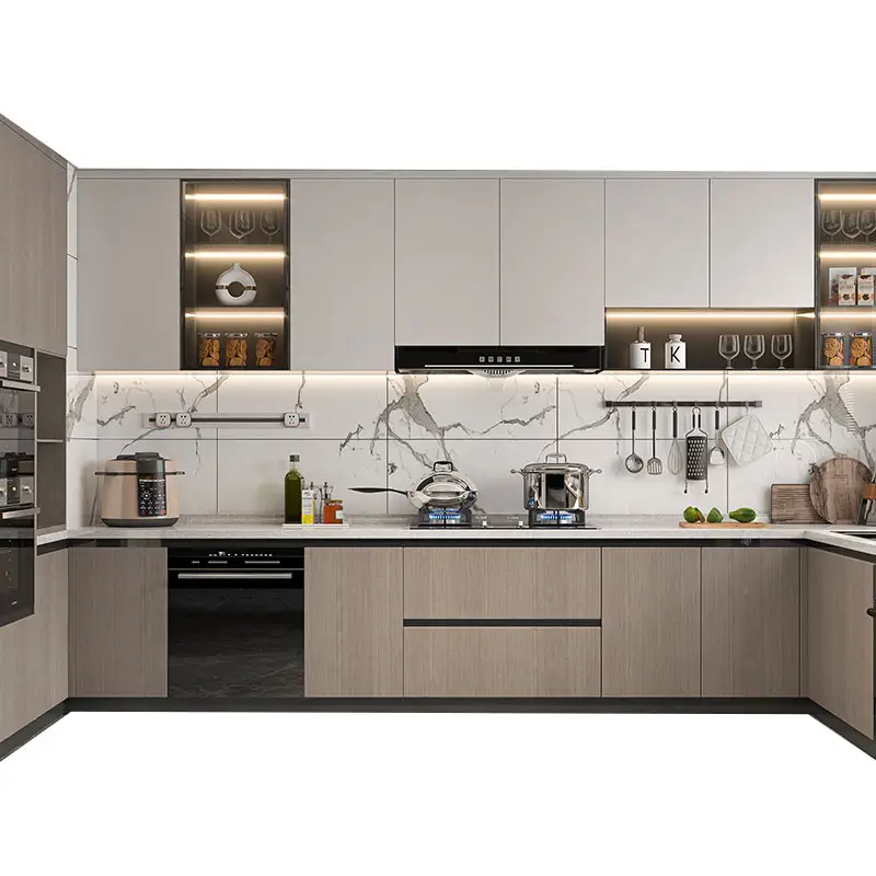 Klasik basit ahşap tasarım Metal mobilya çevre dostu yanmaz su geçirmez modüler alüminyum mutfak dolabı