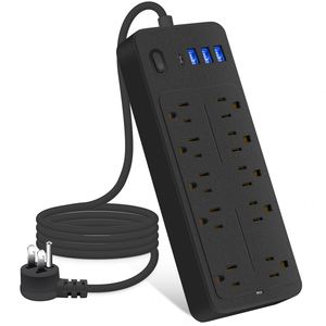 Protector contra sobretensiones Enchufe plano con 10 salidas 3 puertos USB 1 Tipo C 1250W Cable de extensión Tira de alimentación para oficina en casa - Product Image 6
