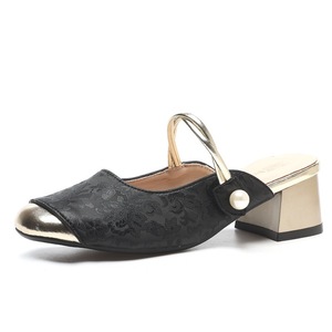 Elegantes Sandalias Negras de Tacón Cuadrado con Decoración de Perlas, Tacón de Bloque, Sin Cordones, Zapatos de Mujer - Product Image 4