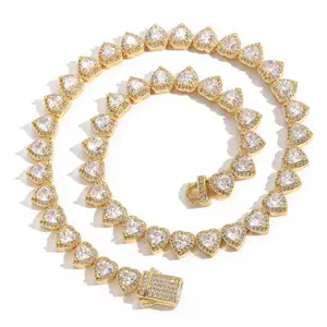 10mm Heart Shape CZ Necklace Cluter Chain Brass Zirconia Gold Plated Popular Heart Necklace For Women Man