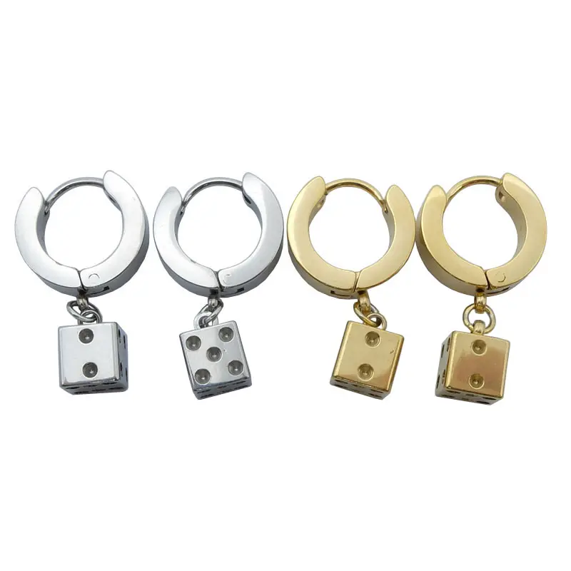 Anting-Anting Huggie Stainless Steel, Anting-Anting Dadu Menjuntai, Anting Mewah untuk Pria dan Wanita