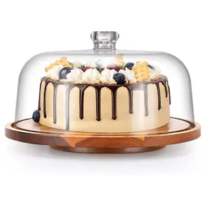 Custom Baking Equipment Cake Tools Turntable Rotating Luxury Acacia Wooden Cake Stand With Glass Dome