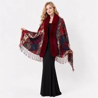 Selendang Cetak Paisley Vintage Wanita Kerah Bulu Imitasi Hangat Musim Dingin Boho Cape Ponco Rumbai Multi-Warna Custom OEM ODM Grosir