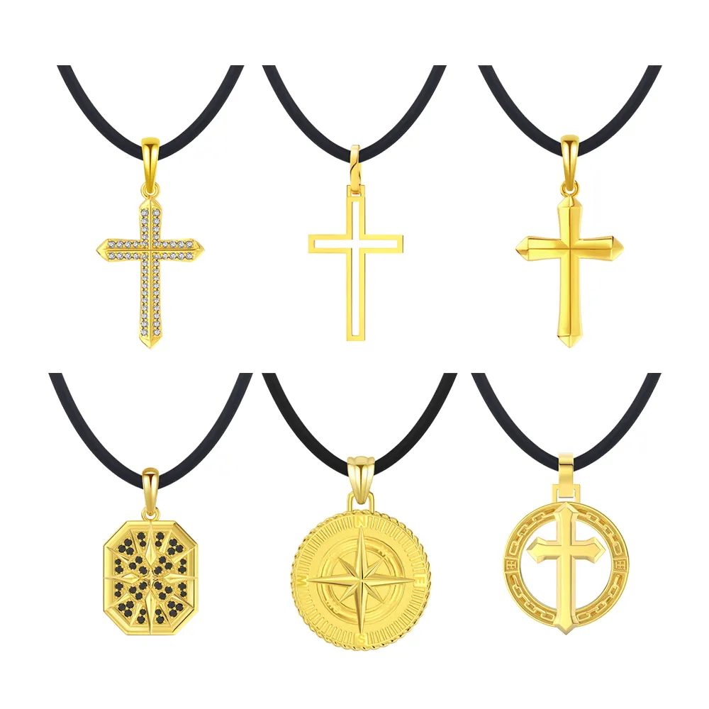 RINNTIN NMN New Arrival Men's Fashion Necklaces 18K Gold Silver Solar Cross Pendant 5mm Leather Rope Chain Solar Cross Pendant