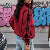 Veste de survêtement personnalisée en gingham pour femme, coupe-vent colorblock à carreaux, col montant, fermeture éclair intégrale, manches rayées, style sportif, OEM