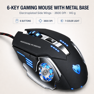 Souris de jeu filaire USB, 6 boutons, <span class=keywords><strong>3600</strong></span> DPI, lumière respirante 7 couleurs, base et ailes latérales en métal, OEM ODM, Plug and Play, CE ROHS FCC V6 - Product Image 1