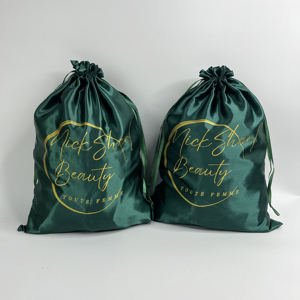 Custom Emerald Green Satin <b>Drawstring</b> Bags with Gold Print - Hair Extension <b>Pouches</b> Microfiber Jewelry <b>Pouch</b> - Product Image 2