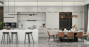Meuble de cuisine moderne personnalisé de haute qualité, finition laquée foncée en stratifié marbre, construction modulaire en MDF, charnière, robinet, évier - Product Image 3