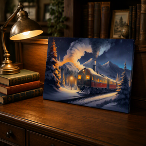 Decoración Navideña para Pared, Lienzo con Diseño de Trenito y Santa Claus, Impresión Digital de Paisaje Invernal con Luna, Nieve y Muñeco de Nieve - Product Image 1