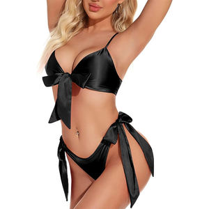 Sob Lulu Mulheres Sexy Satin Bow Tie 2-Piece Lingerie Set Sutiã de Controle Leve e Calcinha com Decoração de Renda - Product Image 3