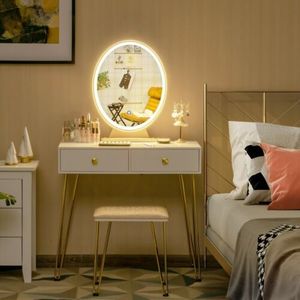 Modern <strong>White</strong> Gold MDF Plywood Wood Glass Melamine Dressing Table Wooden Wood Makeup <strong>Vanity</strong> LED Light Mirror <strong>Stool</strong> for Bedroom - Product Image 2