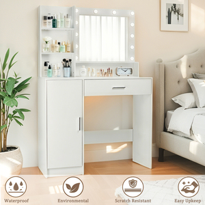 Coiffeuse avec Miroir et Lumières Coiffeuse avec Étagères Ouvertes pour Chambre <span class=keywords><strong>Dressing</strong></span> - Product Image 5