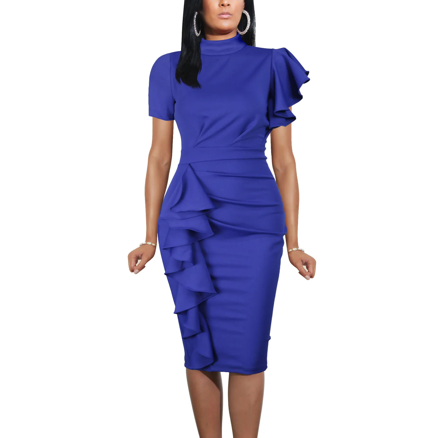 مصنع الملابس للنساء أنيقة زرقاء قصيرة الأكمام زهرة الظهر bodycon حزب اللباس