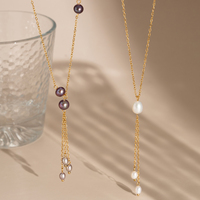 Collier Lariat Minimaliste Plaqué Or 18K Tendance avec Perles d'Eau Douce Naturelles et Pendentif Zircon – Bijou Femme, Idéal Cadeau Bouddhiste