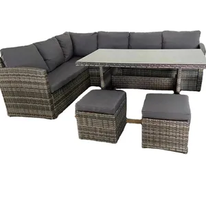 Modelos clássicos venda quente exterior pe rattan mesa de jantar e cadeiras rattan praia móveis 7 peças conjunto de fábrica