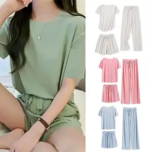 Three Piece Pajamas Set Women Summer Ice Silk Short Sleeve Sleepwear Suit