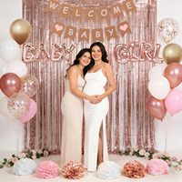 Décorations de fête Rose Gold pour Baby Shower de Fille, Bannière de Bienvenue Bébé, Ballons en Aluminium Rose Gold et Blanc, Pompons, Rideaux