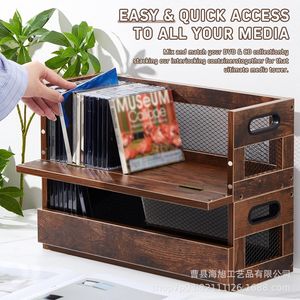 Wooden Record Storage Basket With Handle Rectangle <b>Shelf</b> For Vinyl Cd Dvd <b>Desktop</b> Organization - Product Image 2
