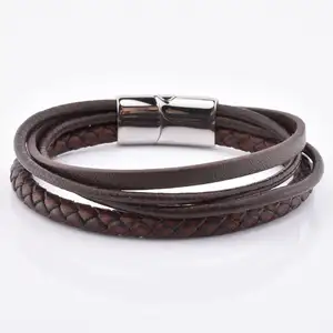 Neuankömmling Brown Braided Leather Wrap Personal isierte Charm Armbänder Seil Armband Robustes mehr schicht iges Leder armband