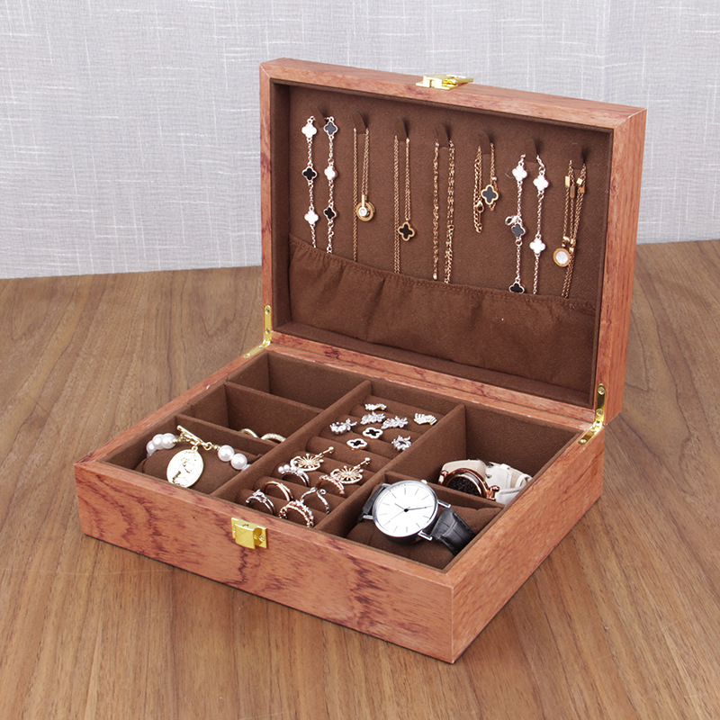 Boîte de rangement pour montres et bijoux en bois de carthame et poirier 3+7 / intérieur marron