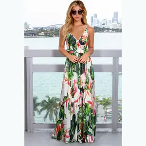 Vestido Floral bohemio para mujer, ropa de playa barata, Sexy con cuello de pico, tirantes elegantes de talla grande, venta al por mayor, 2022