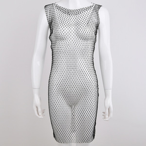Vestido midi sin mangas con cuello redondo de malla para mujer, ropa de club con capas transparentes - Product Image 1