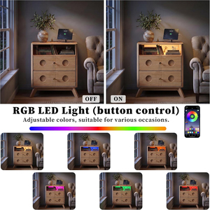 Mesita de Noche Ancha de Roble con LED RGB de 7 Colores, 2 Puertos USB AC, Cajón Oculto de Privacidad y Patas de Madera Maciza - Product Image 2