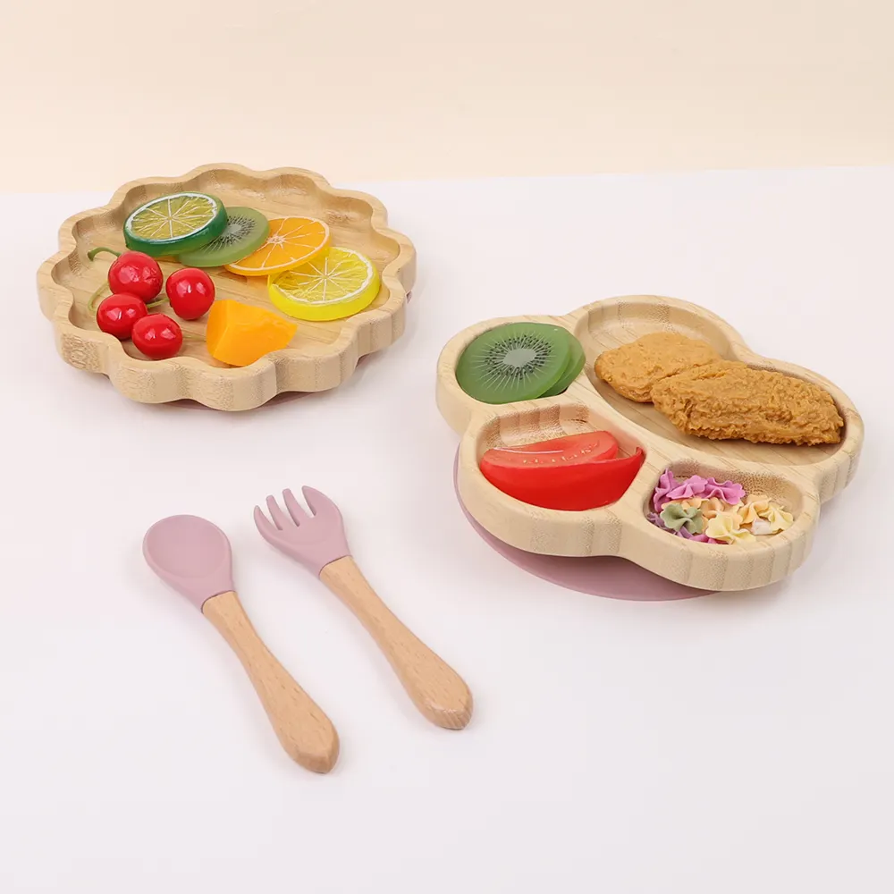 Vaisselle pour enfants avec logo personnalisé des fabricants, ensemble de bols à assiette en bambou à aspiration divisée, bols à salade en bois écologiques pour enfants