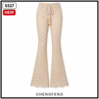Pantalon long évasé pour femme, style rétro bohème, à rayures chevron, en tricot crocheté, avec cordon de serrage à la taille, personnalisable (Logo, OEM, ODM)