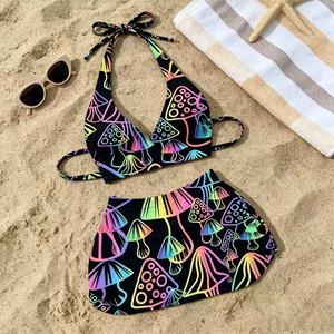 Ensemble deux pièces haut licou et <span class=keywords><strong>jupe</strong></span> motif champignon néon UV, réactif aux UV, tenue pour femme pour festivals et soirées rave - Product Image 5