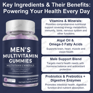 Compléments multivitaminés Amaz A, D, C, E, biotine, acide folique, multivitamines halal en gommes, multivitamines végétaliennes pour hommes, gommes multivitaminées pour hommes - Product Image 6